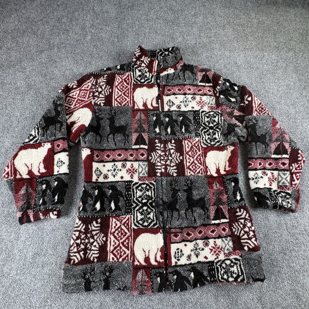 Vintage 90s Black Mountain Fleece Jacket Women M Polar Bear Moose Deer USA Xmas